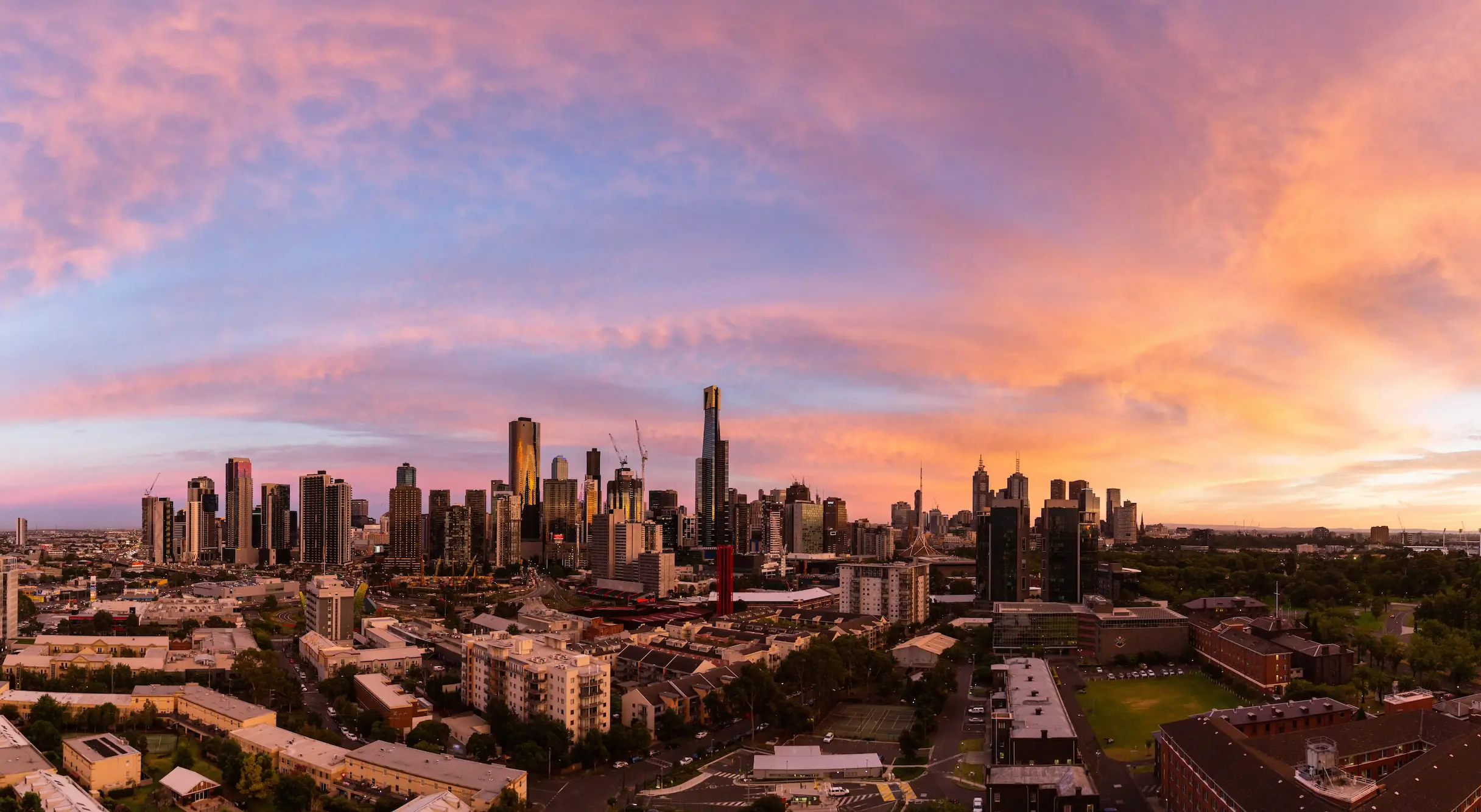 City skyline at sunset